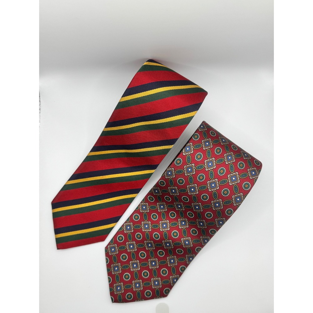 Lands‎ End Silk Necktie Lot (2) Red Yellow Green Geometric Striped
